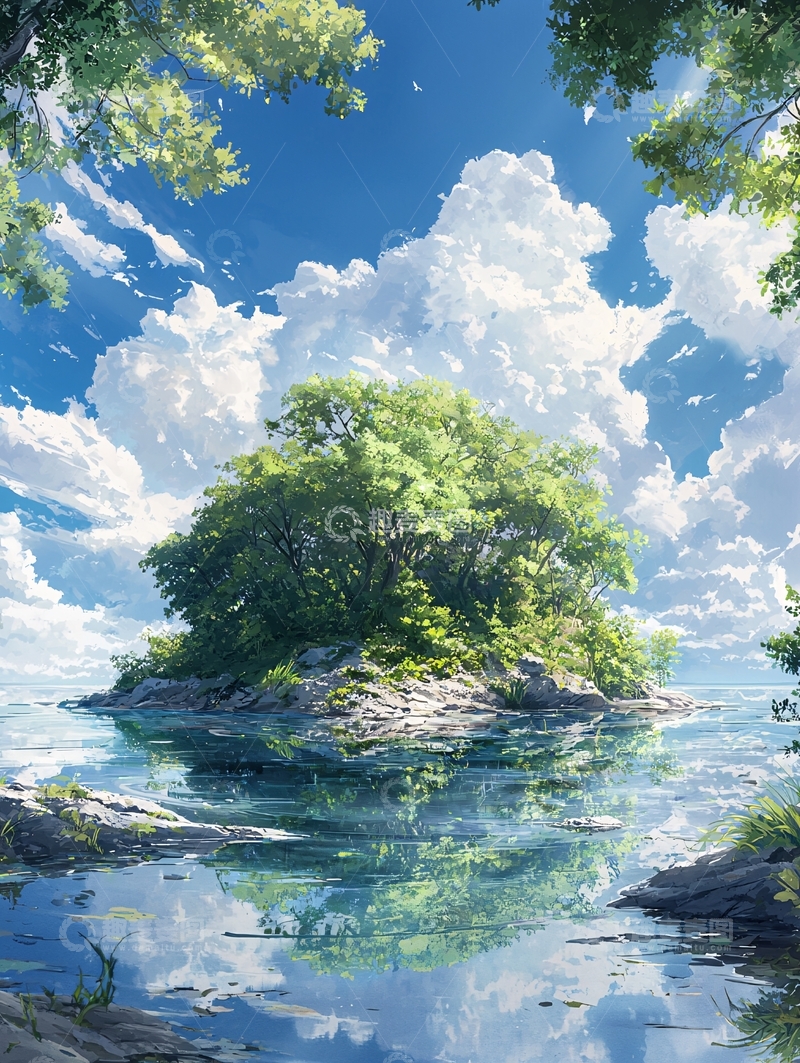 高清大图下载【趣麦麦图】夏日湖畔绿岛宁静