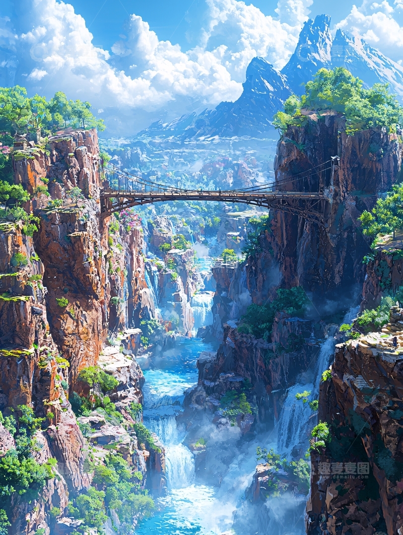 高清大图下载【趣麦麦图】峡谷瀑布吊桥自然风光