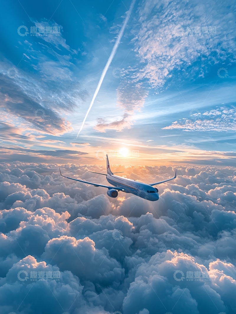 高清大图下载【趣麦麦图】飞机穿越云层的日落