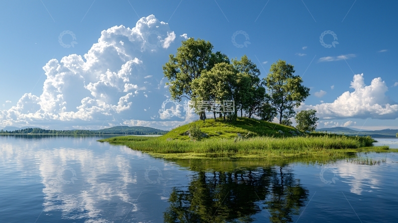 高清大图下载【趣麦麦图】湖畔绿岛蓝天白云