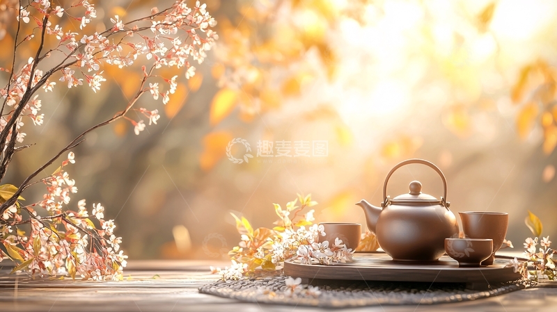 高清大图下载【趣麦麦图】秋日茶香与樱花静谧时光