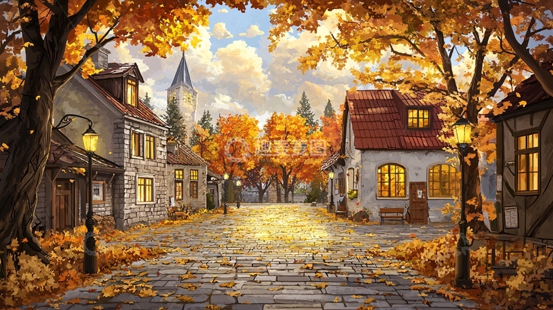 高清大图下载【趣麦麦图】秋日小镇石路风景