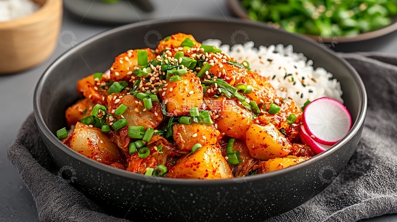 高清大图下载【趣麦麦图】辣味土豆配白米饭和生菜