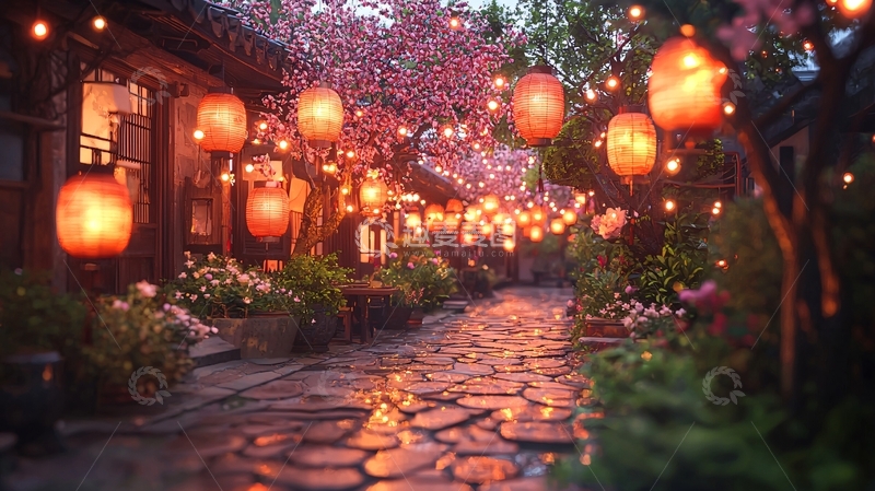 高清大图下载【趣麦麦图】古街灯笼夜景