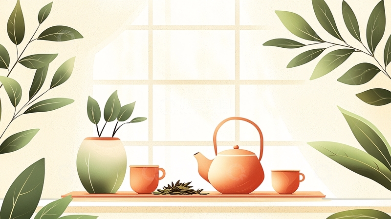 高清大图下载【趣麦麦图】窗边茶具与绿植插画
