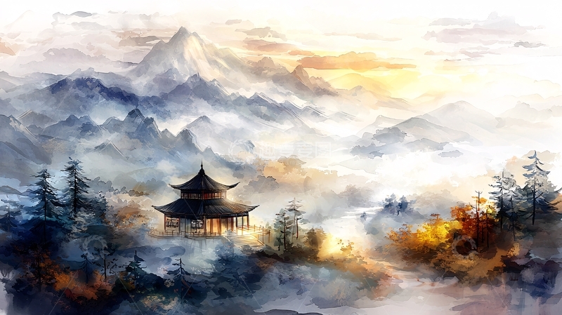 高清大图下载【趣麦麦图】秋日山间古亭图