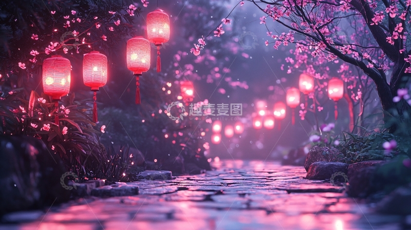 高清大图下载【趣麦麦图】樱花树下的灯笼小径