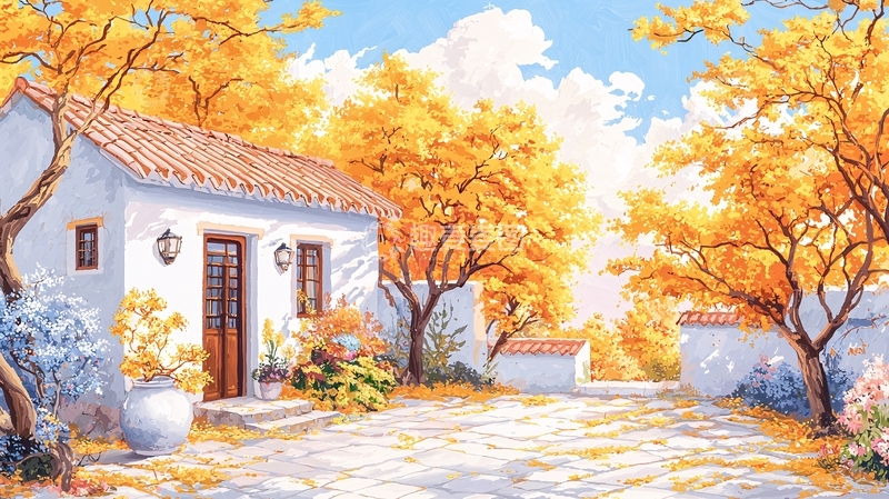 高清大图下载【趣麦麦图】秋日乡村小屋庭院风景