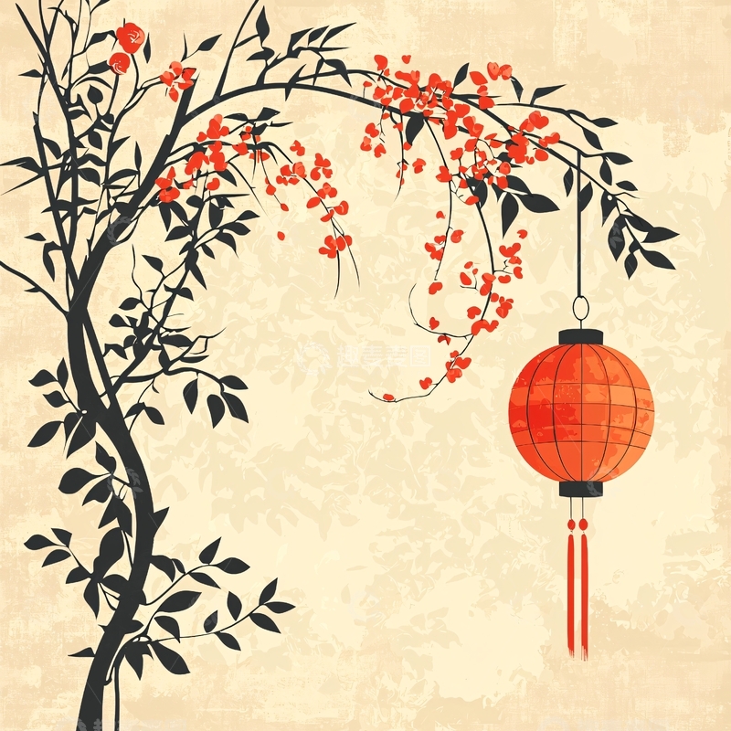 高清大图下载【趣麦麦图】红灯笼与樱花树背景