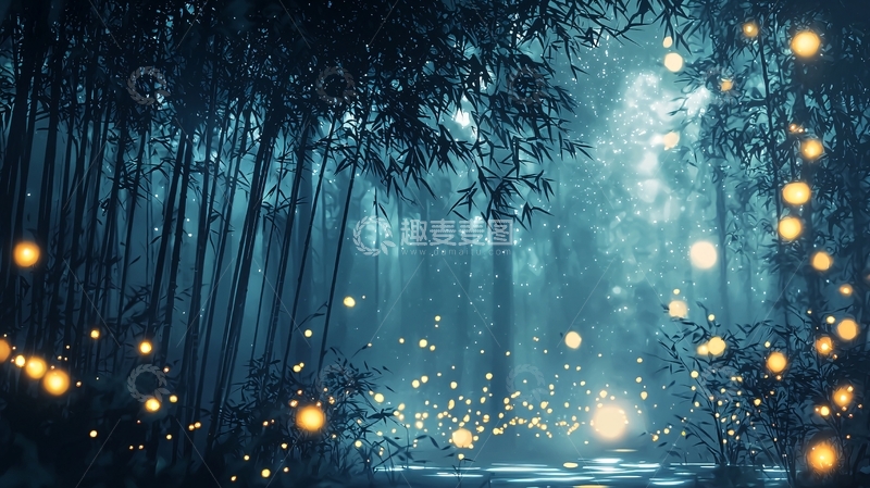 高清大图下载【趣麦麦图】夜色竹林萤火虫