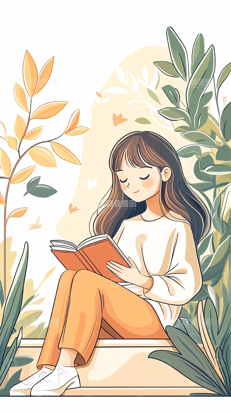 高清大图下载【趣麦麦图】秋日阅读女孩插画