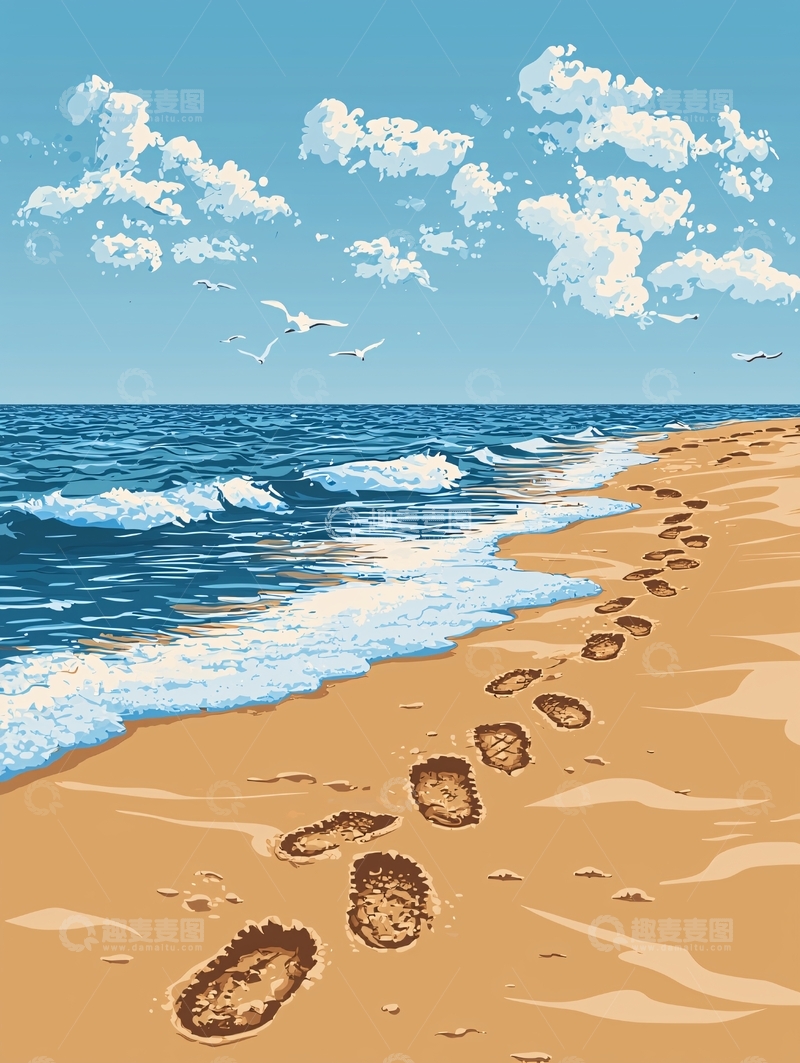高清大图下载【趣麦麦图】海滩上的脚印与海鸥