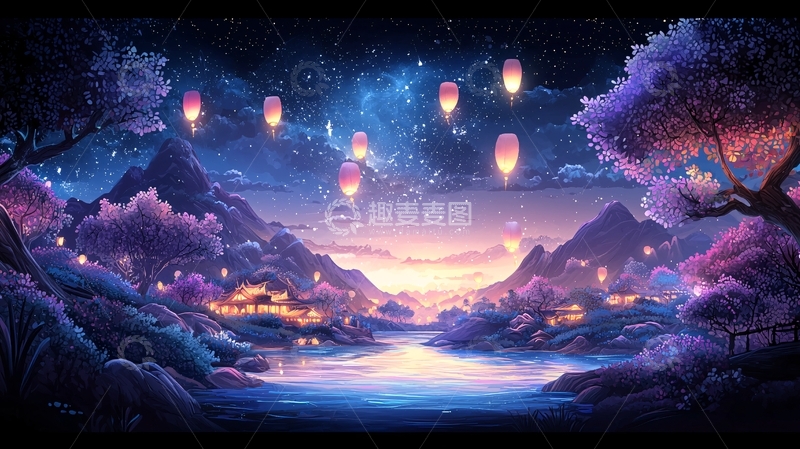 高清大图下载【趣麦麦图】梦幻夜景下的传统村落