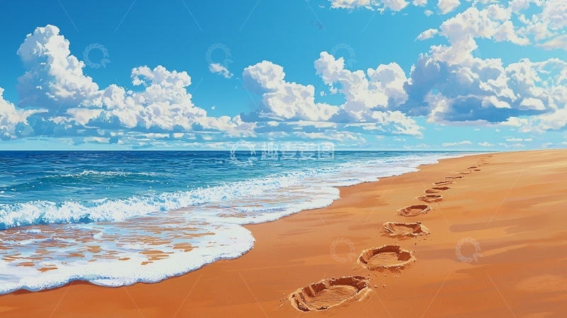 高清大图下载【趣麦麦图】海滩上的脚印与海浪