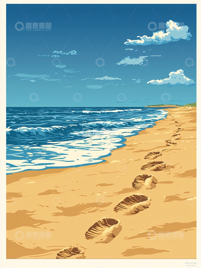 高清大图下载【趣麦麦图】海滩上的脚印与海浪
