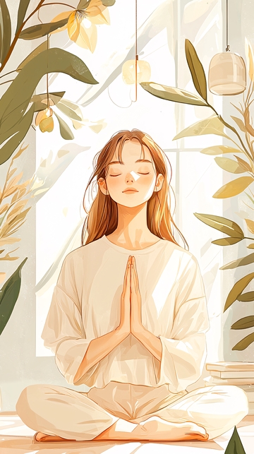 室内冥想女孩插画
