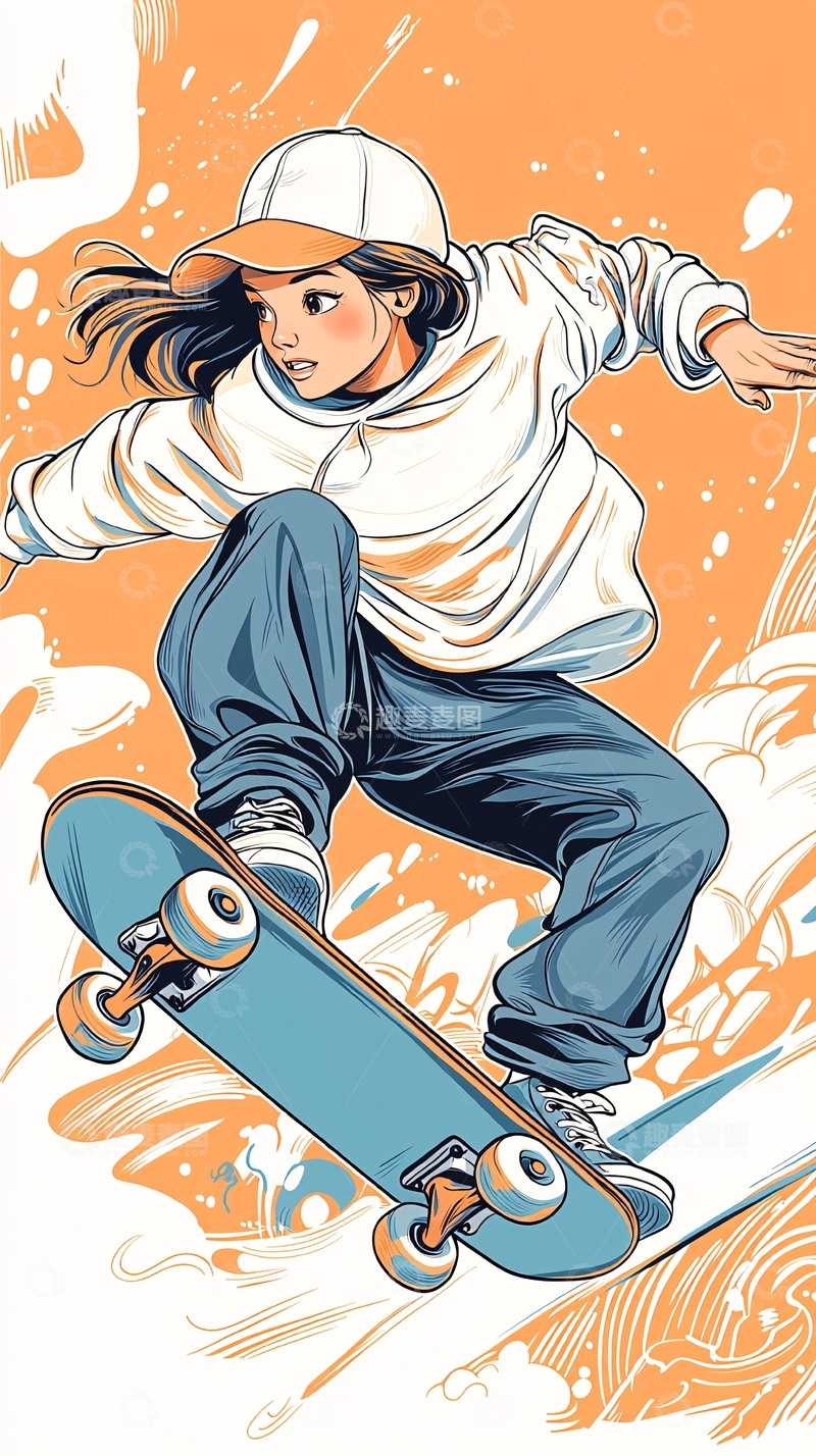 高清大图下载【趣麦麦图】滑板女孩动态插画
