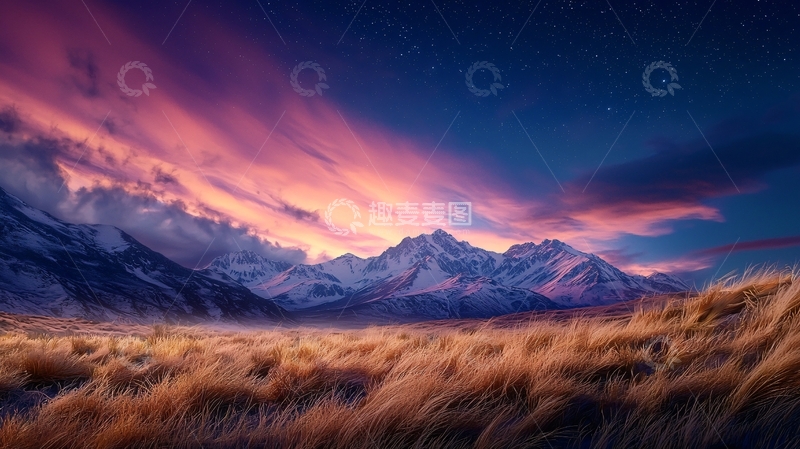 高清大图下载【趣麦麦图】雪山日出下的草原风景