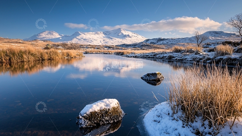 高清大图下载【趣麦麦图】冬日雪山下的宁静湖泊