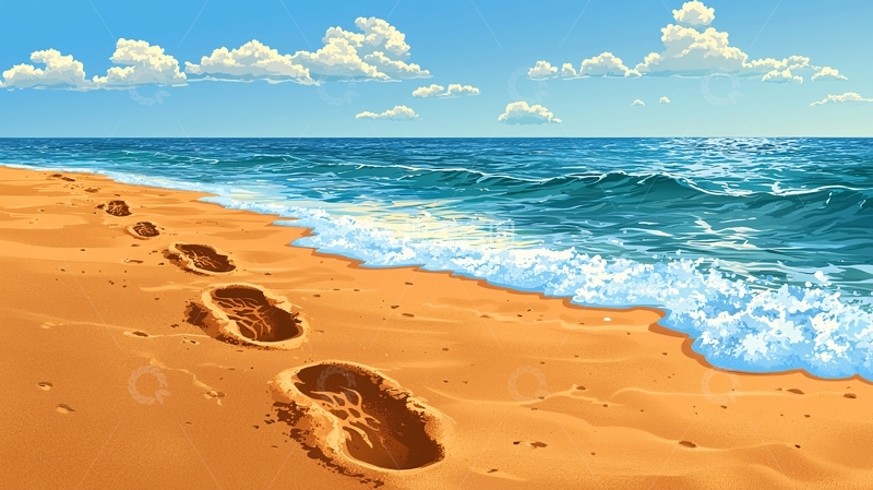高清大图下载【趣麦麦图】海滩上的脚印与海浪