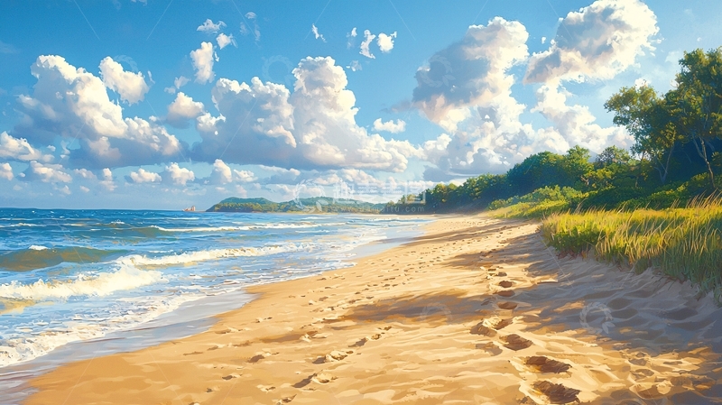 高清大图下载【趣麦麦图】海滩上的脚印与蓝天白云