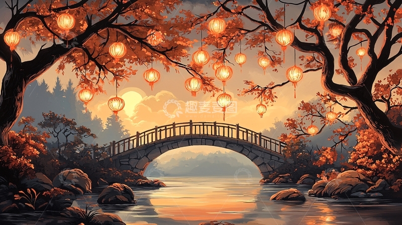 高清大图下载【趣麦麦图】秋日灯笼桥景