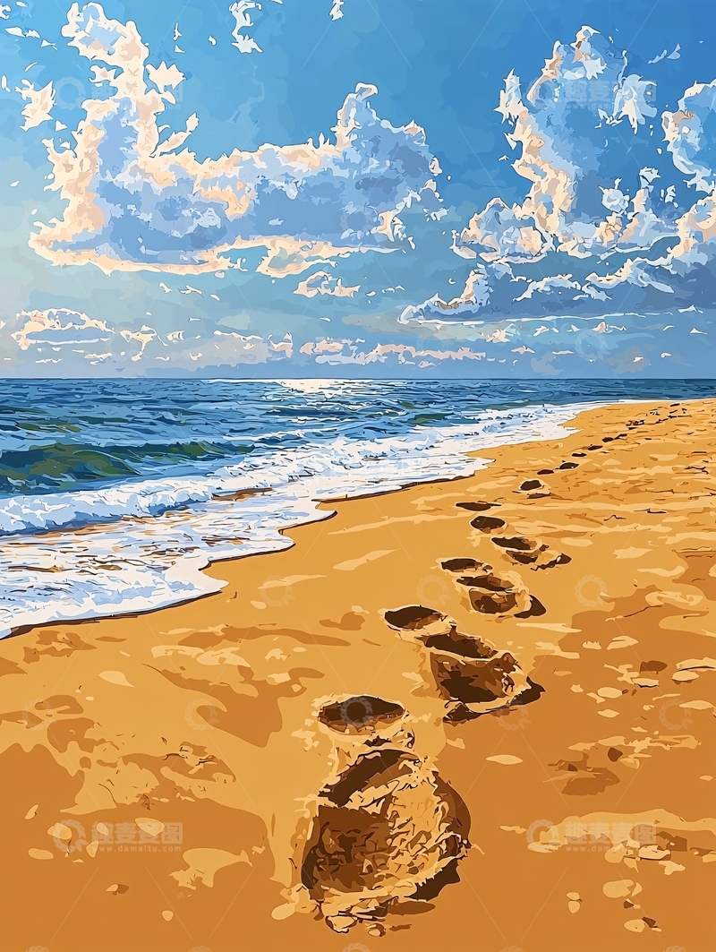 高清大图下载【趣麦麦图】海滩上的脚印与海浪