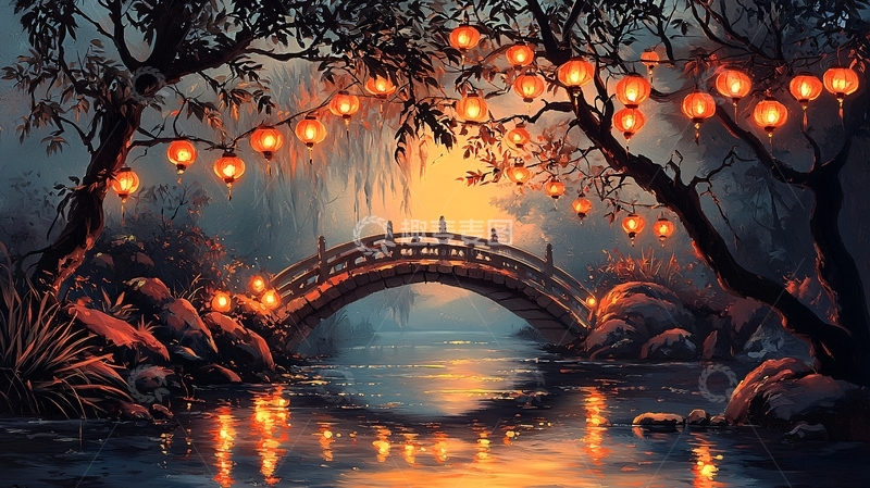 高清大图下载【趣麦麦图】秋夜灯笼桥景