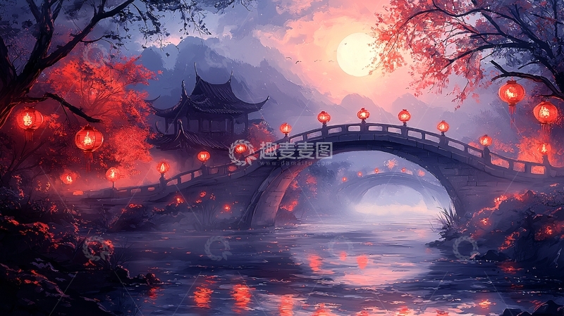 高清大图下载【趣麦麦图】秋夜红灯古桥风景