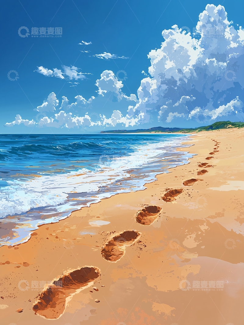 高清大图下载【趣麦麦图】海滩上的脚印与海浪