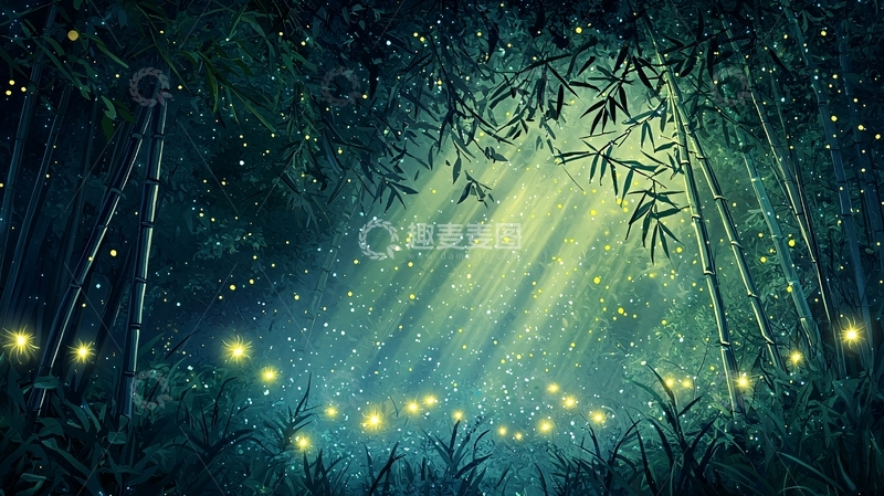 高清大图下载【趣麦麦图】竹林萤火虫夜景