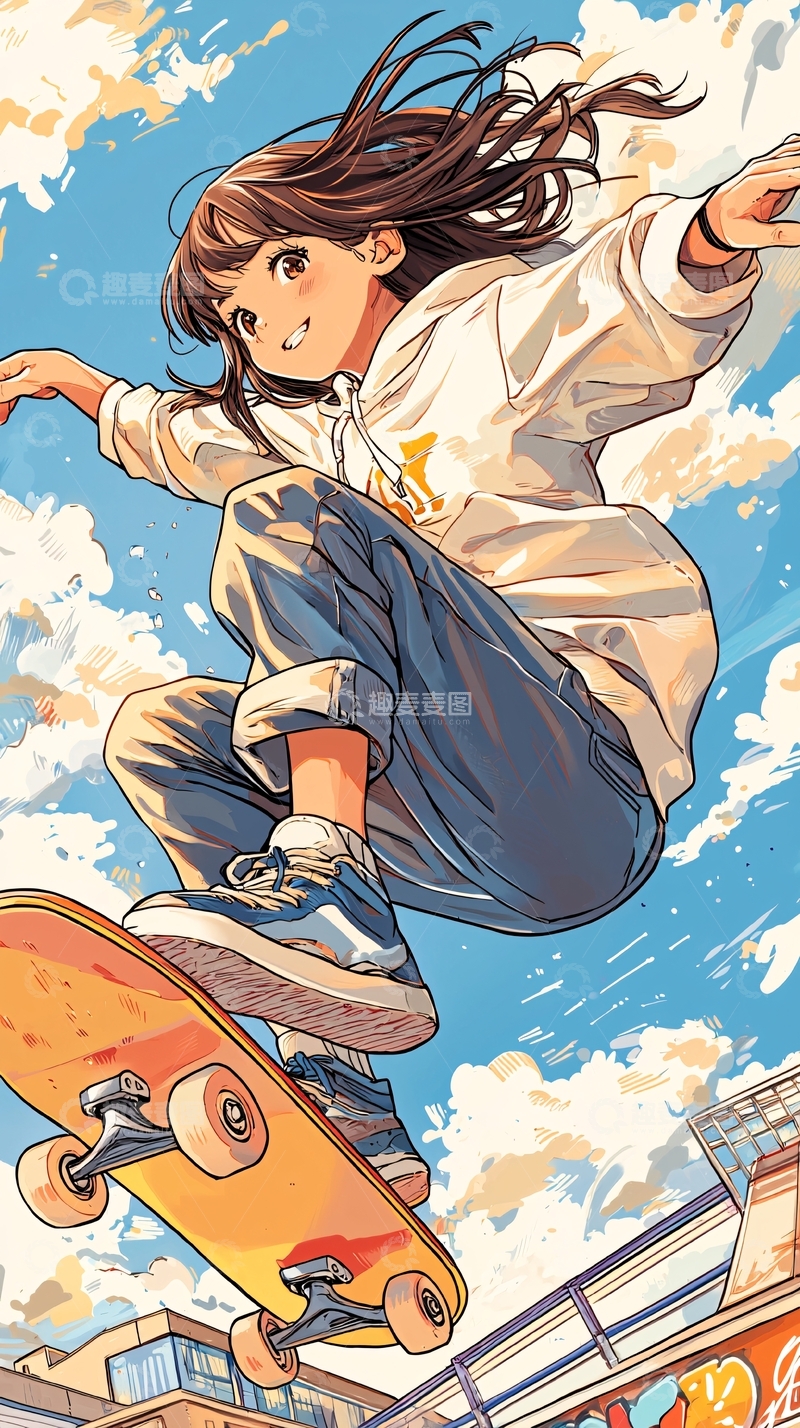 高清大图下载【趣麦麦图】滑板女孩跳跃瞬间