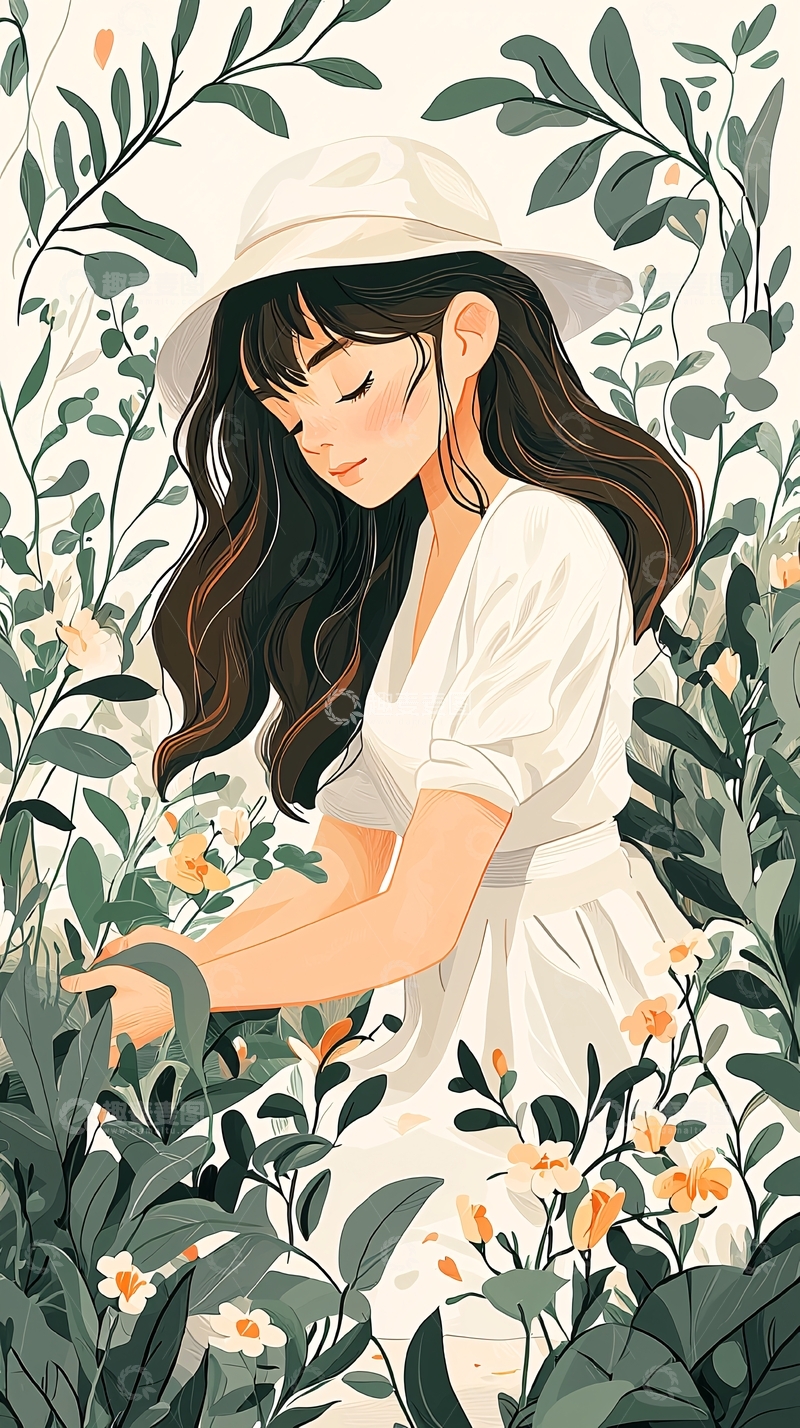 高清大图下载【趣麦麦图】田园风光中的女子与花