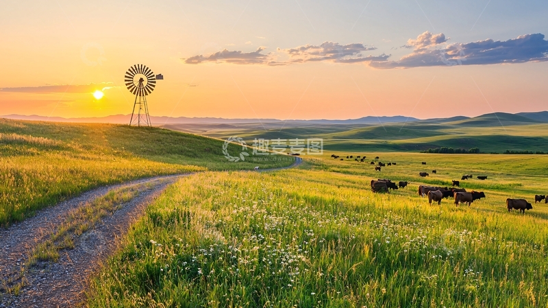 高清大图下载【趣麦麦图】夕阳下的草原牧场