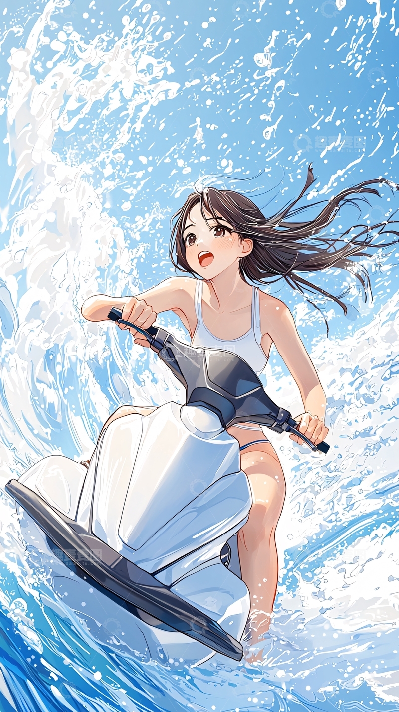 高清大图下载【趣麦麦图】夏日海滩摩托艇女孩