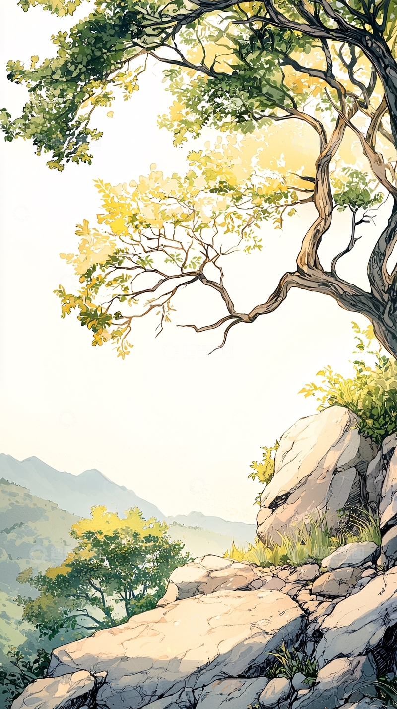 高清大图下载【趣麦麦图】山间古树与岩石