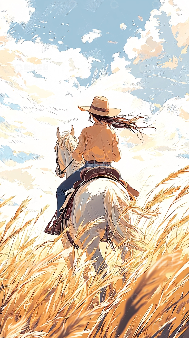 高清大图下载【趣麦麦图】草原上的骑马女孩