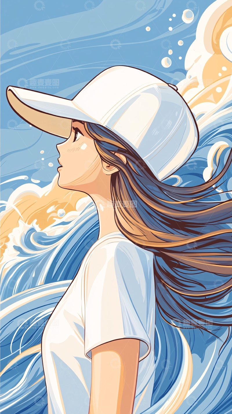 高清大图下载【趣麦麦图】海边女孩与海浪的插画