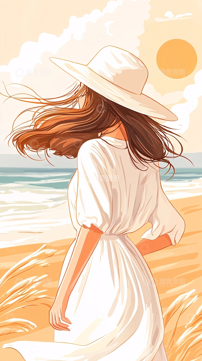 高清大图下载【趣麦麦图】海边漫步的女子插画