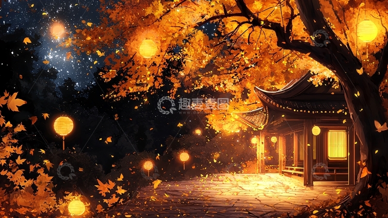 高清大图下载【趣麦麦图】秋夜灯笼古屋