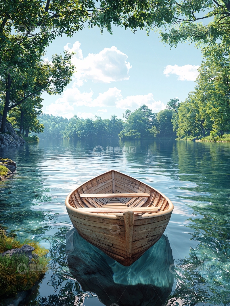 高清大图下载【趣麦麦图】宁静湖畔木舟