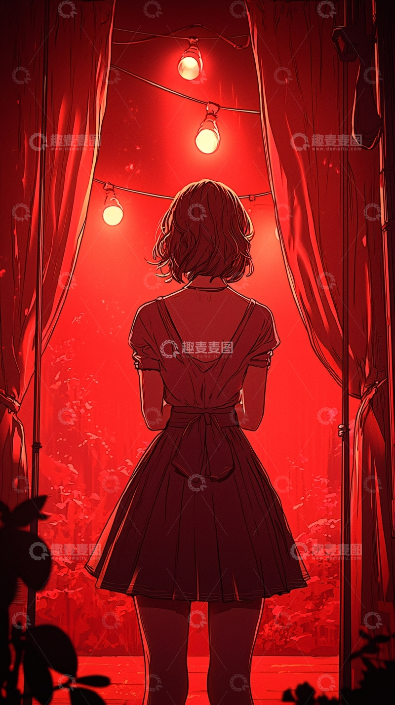 高清大图下载【趣麦麦图】红色舞台灯光下的背影女孩