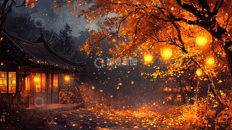 高清大图下载【趣麦麦图】秋夜古屋灯笼落叶