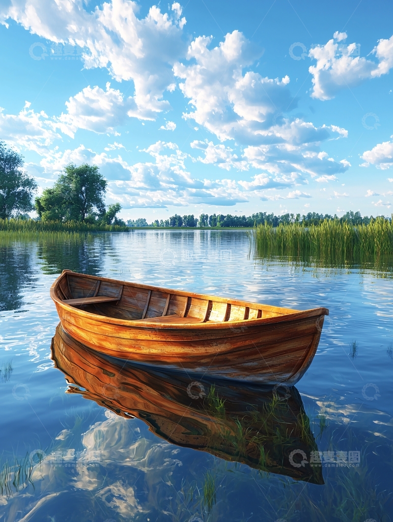 高清大图下载【趣麦麦图】宁静湖畔木舟