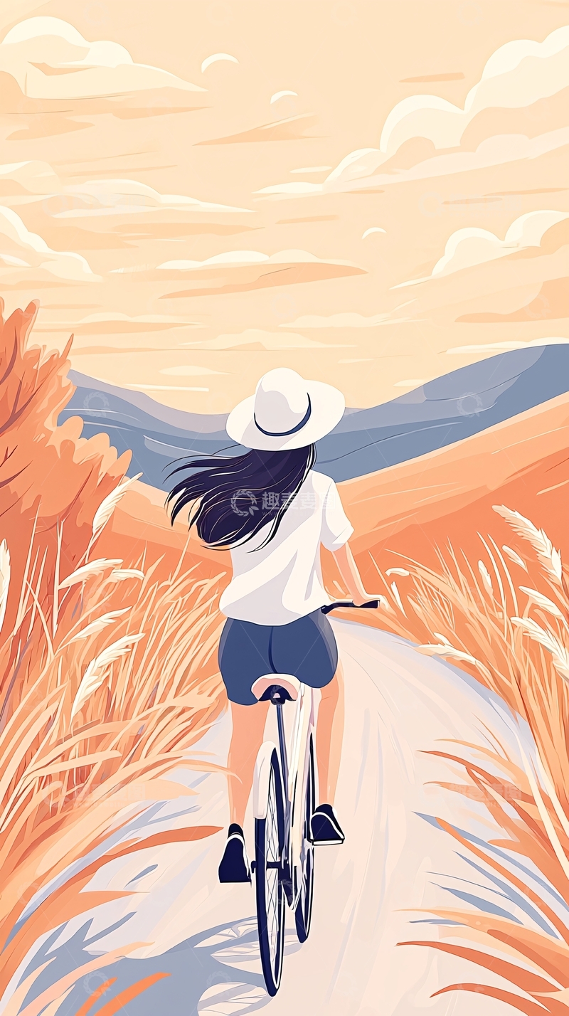高清大图下载【趣麦麦图】骑自行车的女子在田野中