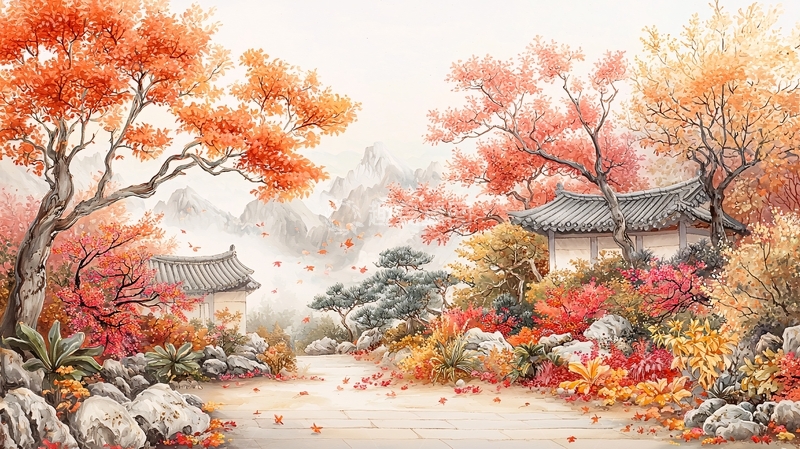 高清大图下载【趣麦麦图】秋日庭院风景画