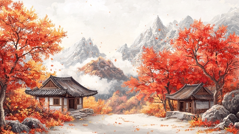 高清大图下载【趣麦麦图】秋日山间古屋风景