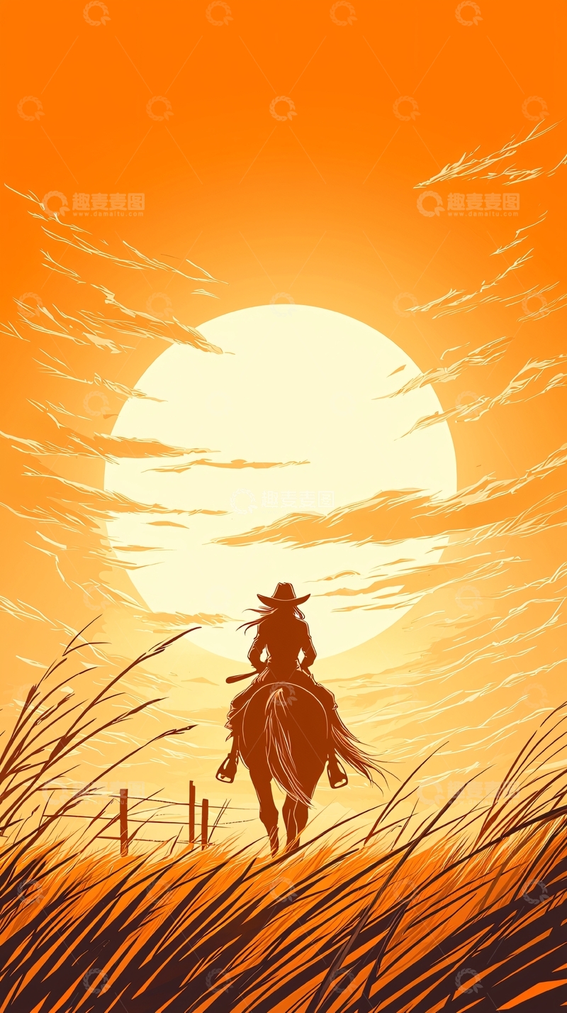 高清大图下载【趣麦麦图】夕阳下的骑马人剪影