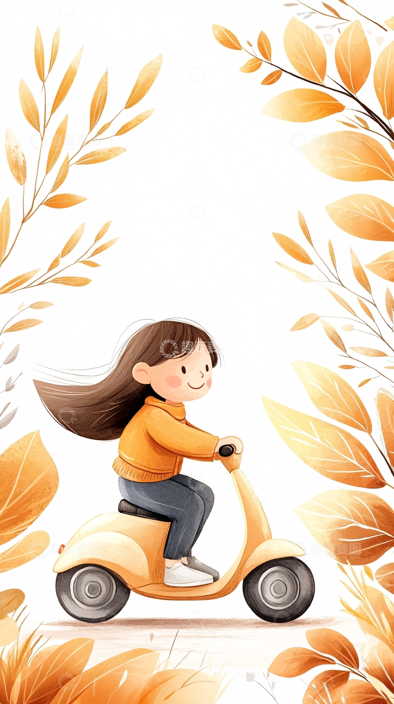 高清大图下载【趣麦麦图】秋日骑车女孩插画