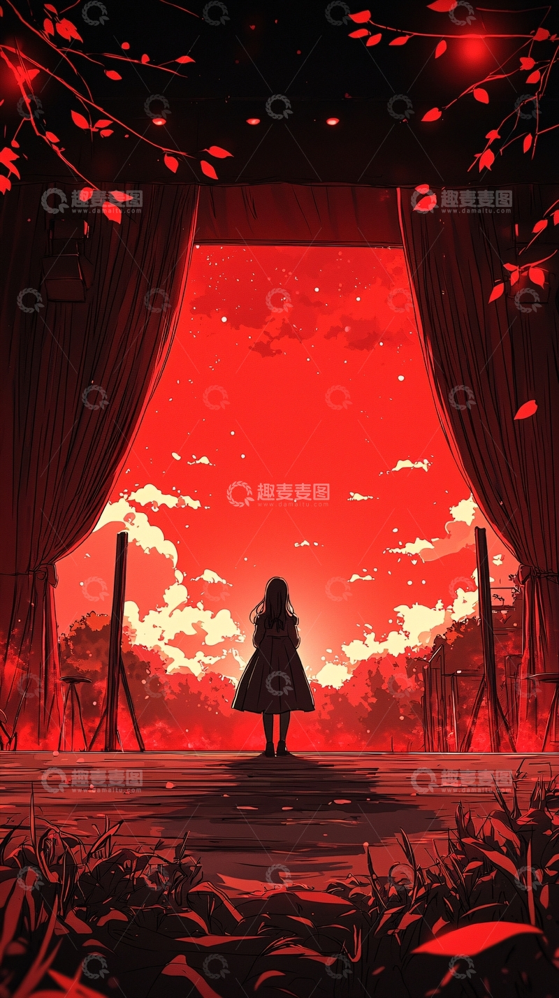高清大图下载【趣麦麦图】红色幕布下的女孩剪影